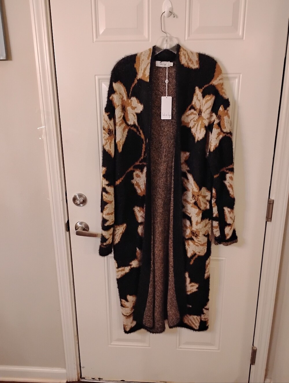 Sadie & Sage Black Floral Long Open Cardigan with Beige Flowers